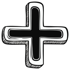 Fototapeta premium Hand-drawn cross symbol with thick black outline and white fill and shading