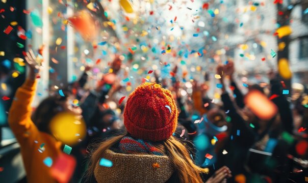 Back view of a person wearing a red knit hat and brown coat celebrating enthusiastically in a crowd under shower of colorful confetti in an outdoor urban setting