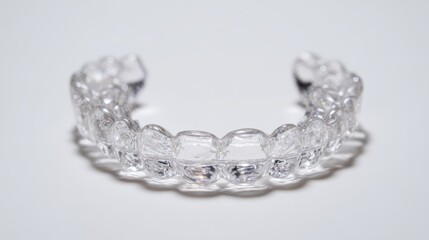 Clear transparent Invisalign smiling mouth guard on white background, dental protection and orthodontic aligner concept, modern invisible braces for teeth