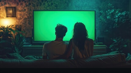 Naklejka premium Couple sitting closely on a couch in a dimly lit living room watching a large television screen with green light, creating a cozy and intimate atmosphere