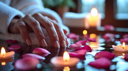 Hands Resting on Water with Rose Petals and Candles.