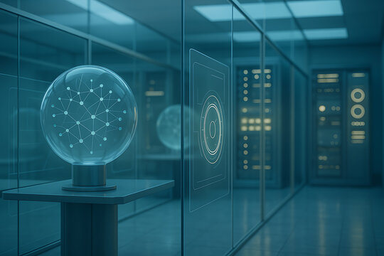Digital Data Center: A modern data center showcases a futuristic network visualization within a transparent sphere, offering a glimpse into the world of digital data and cutting-edge technology.