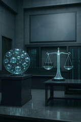 Justice and Balance: A sophisticated courtroom setting, featuring a luminous scale of justice and a mesmerizing molecular sphere, symbolizing the essence of law and order.