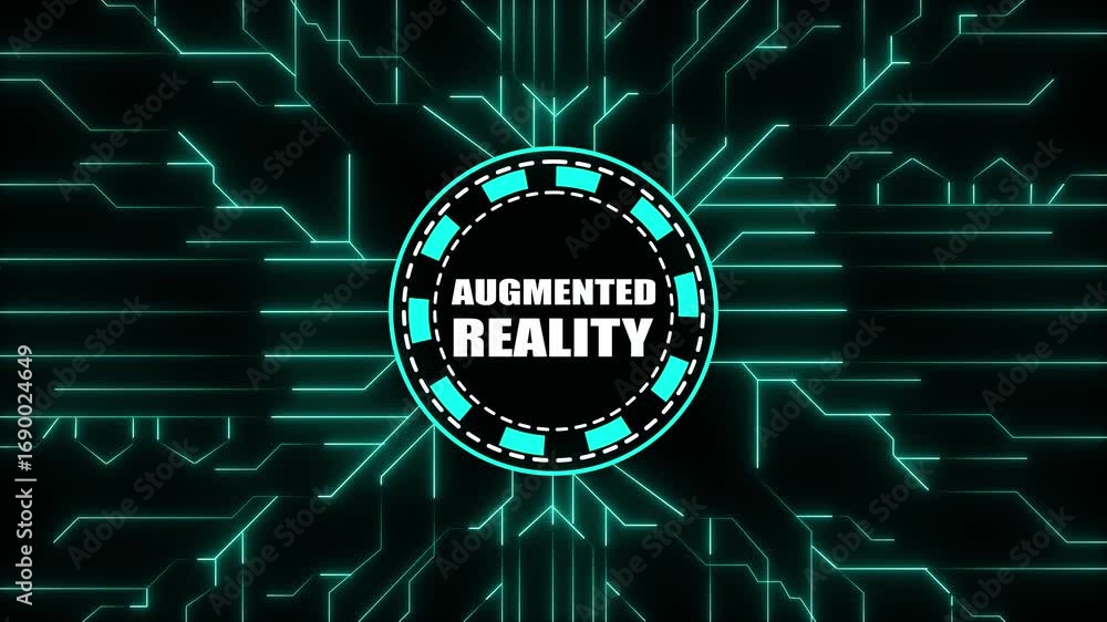 Poster augmented reality text in a circular emblem against a futuristic circuit board background with glowi