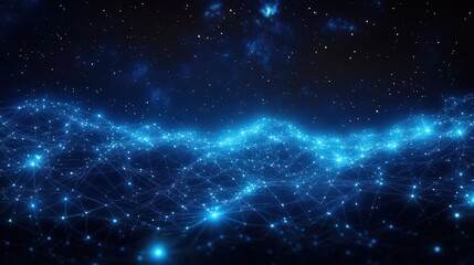 Glowing blue network of interconnected points forming a wave-like grid under a starry sky, evoking a sense of digital connectivity and cosmic mystery