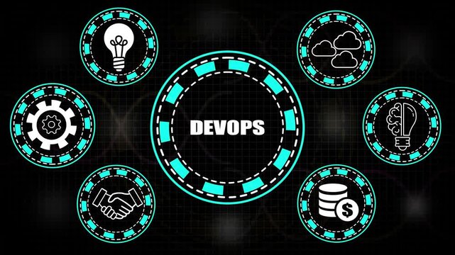 Dev Ops Concept with Circular Icons and Central Text on Dark Grid Background DevOps technology