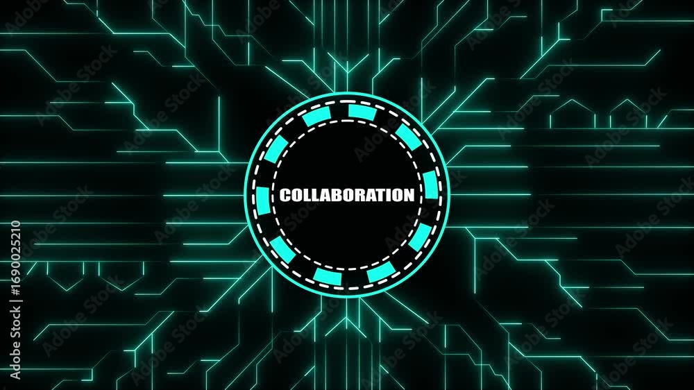 Poster digital collaboration network with central circle and glowing circuit lines teamwork partnership