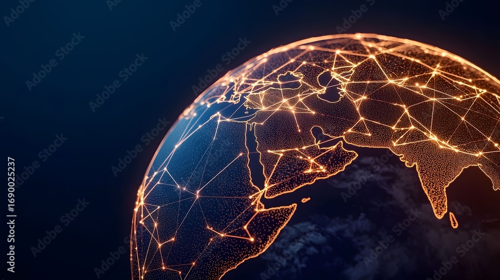 Poster the image displays a detailed view of a globe with interconnected glowing nodes over continents, set