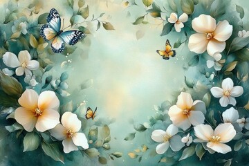 Delicate white and yellow flowers with green leaves surrounding light blue background with butterflies flying peacefully