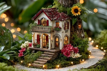 Obraz premium Miniature white cottage with red roof and garden miniature house flowers