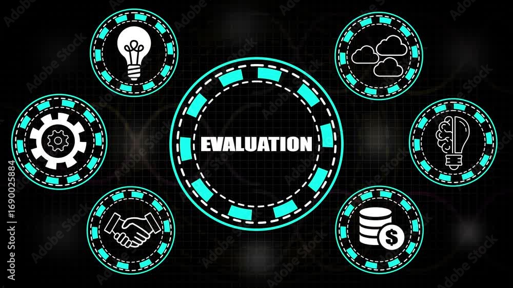 Aufkleber evaluation concept with circular icons and central text on dark grid background assessment performan