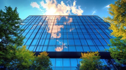 Modern glass facade building reflecting blue sky and clouds surrounded by green trees on a sunny day