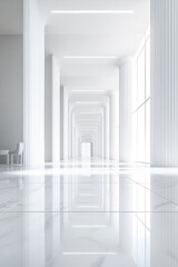 Bright white spacious corridor with tall classical columns and large windows reflecting on glossy marble floor creating an elegant and serene atmosphere