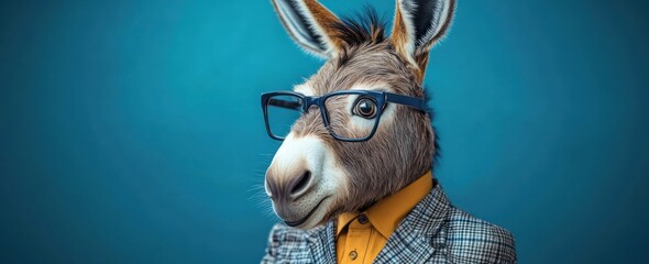 donkey wearing glasses and a checkered blazer with a yellow shirt looking thoughtfully to the side on a blue background