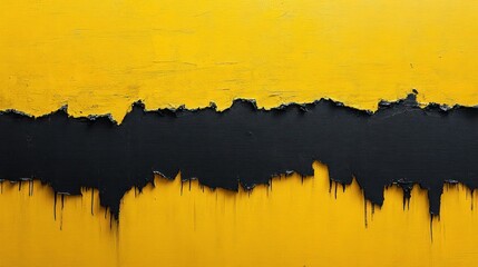 Abstract image of torn and peeling black paint over bright yellow background with rough texture and dripping edges