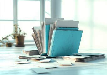 Open and closed blue files with scattered papers on a white wooden table in bright natural light with blurred potted plants in the background