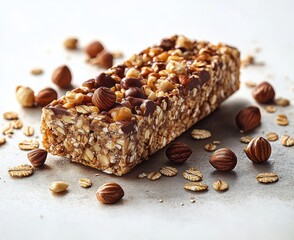 Close-up of a nut and oat granola bar with chocolate drizzle on a light surface surrounded by scattered nuts and oats