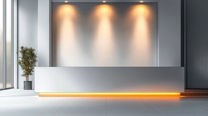 Modern minimalist reception desk with warm orange LED lighting underneath, three soft spotlights above, and a tall potted plant beside large windows in a sleek lobby