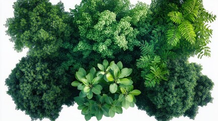 Top-down view of various dense green tree canopies showcasing different leaf shapes and shades of green symbolizing nature and growth
