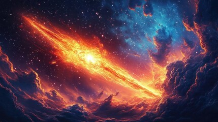 A vibrant cosmic scene featuring a fiery comet or meteor streaking across a colorful nebula with glowing clouds and sparkling stars in the background