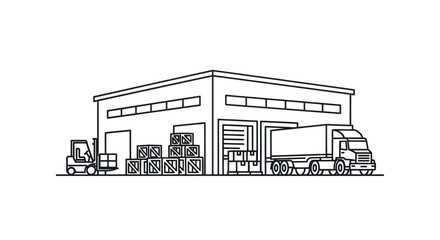 Line drawing of warehouse with truck and forklift.