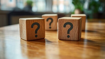 Four wooden cubes with question marks printed on their sides placed on a wooden surface in soft natural light, evoking curiosity and uncertainty