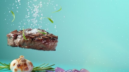 Fresh Raw Meat Fillet with Herbs and Sea Shells on Blue Background