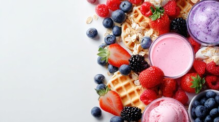Fresh Mixed Berry Waffles with Fruit Smoothies on White Background