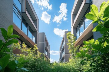 Modern residential buildings with glass balconies surrounded by dense green foliage under a bright blue sky with scattered white clouds