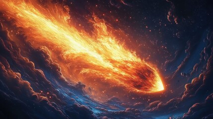 Blazing fiery comet streaking across dark starry sky surrounded by swirling glowing clouds, evoking a sense of cosmic power and awe