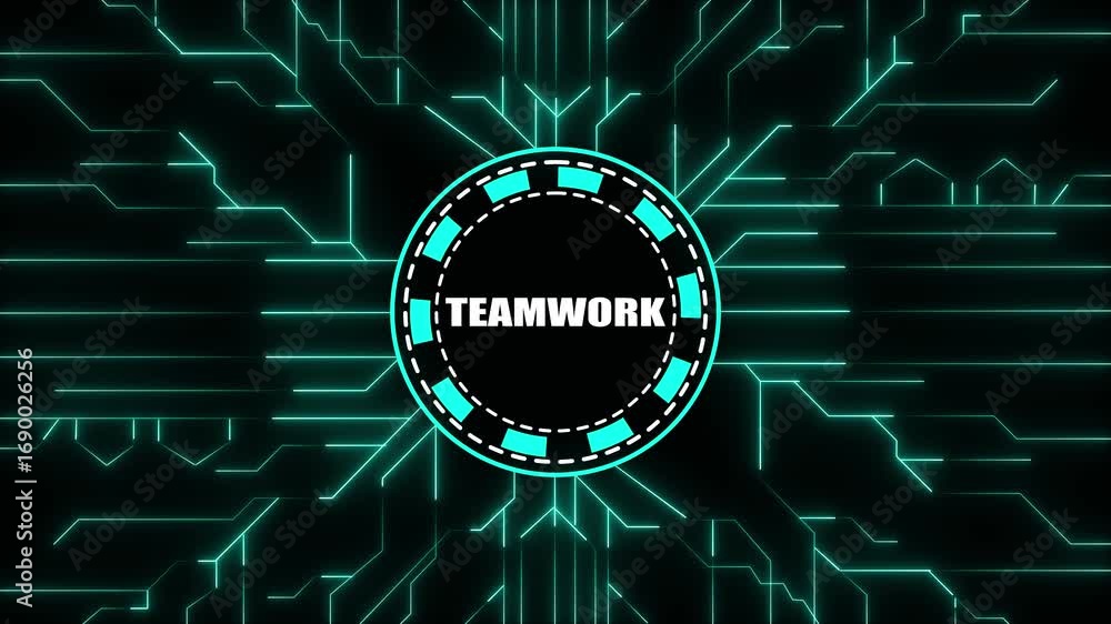 Poster futuristic circuit board background with central circle and word teamwork abstract technology