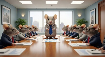Cartoon mice in business suits hold a board meeting in an office.