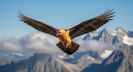 Obraz premium Majestic Bearded Vulture (Lammergeier) in Flight Over Snowy Mountains and a Clear Blue Sky