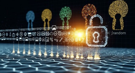 Zobrist Key Hashing: Digital Security with a Padlock and Fingerprint on a Dark, Grid-like Background