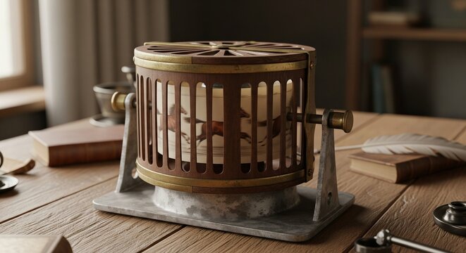 Zoetrope: An Early Animation Device with Rotating Horse Images on a Wooden Desk with a Quill.