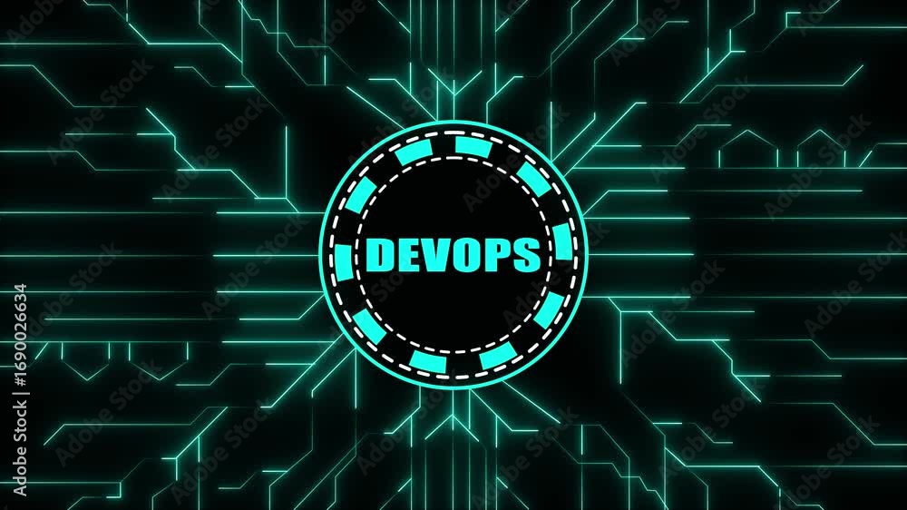 Aufkleber futuristic neon circuit board with dev ops logo in center devops technology