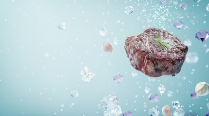 Fresh Raw Red Meat Steak with Herbs and Ice Cubes Floating in Water