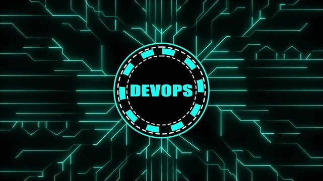 Futuristic Neon Circuit Board with Dev Ops Logo in Center devops technology