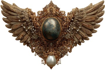 Ornate golden winged emblem with central gemstone and pearl drop wings feathers