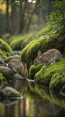 Obraz premium Rabbits drinking water mossy stream image