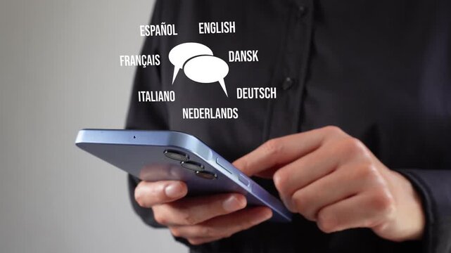 Machine translation. Close-up of a businessman with his cell phone, with an animation of a pair of thought bubbles in several different languages.