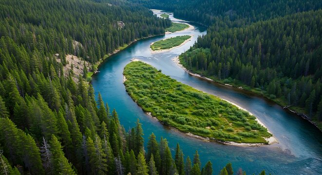 Aerial View Winding River Through Dense Forest with Lush Island.