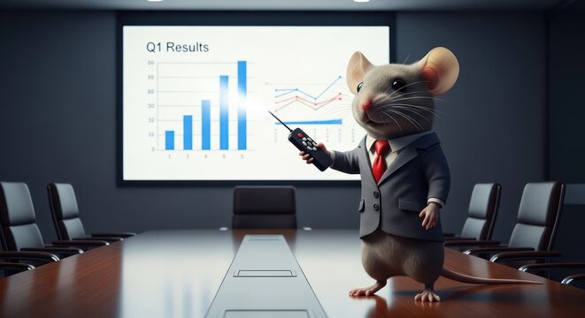 A cartoon mouse in a business suit presents financial data on a large screen in a conference room. - Powered by Adobe