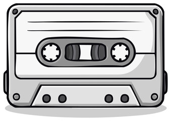 Illustrated retro audio cassette tape in grayscale for nostalgic music concept