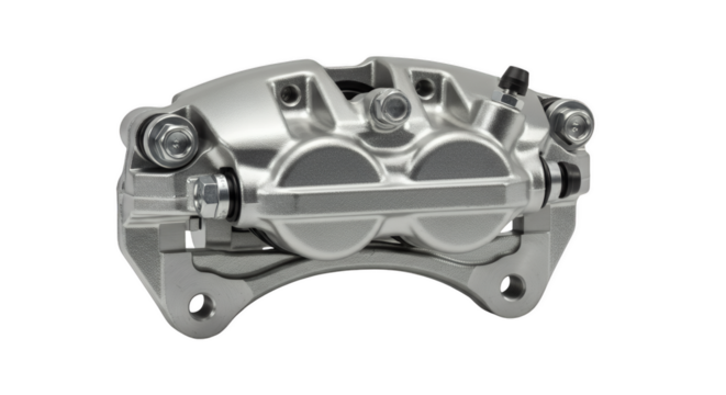 Automotive Brake Caliper: An intricate and highly detailed shot of a vehicle's metallic brake caliper, showcasing precision engineering and robust construction.