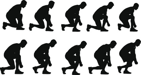 Athlete crouching silhouette, man in ready position, sports preparation concept, fitness exercise illustration, training pose, black silhouette vector design