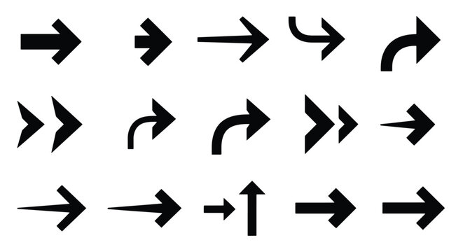 A diverse collection of black arrow icons pointing in various directions, including straight, curved, and double-headed designs.