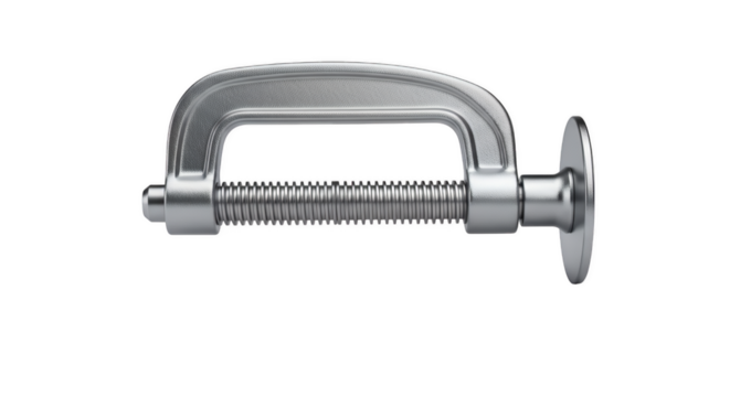 Clamp Tool: A close-up shot of a classic metal C-clamp, showcasing its robust design and utilitarian function, a symbol of strength and precision in carpentry.