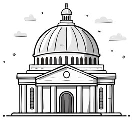 Hand drawn illustration of a classic domed government building with columns and clouds in the sky