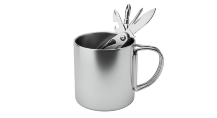 Tool in Mug: A stainless steel mug and a multi-tool, combining utility and simplicity. Perfect for outdoor adventures, and creative projects.
